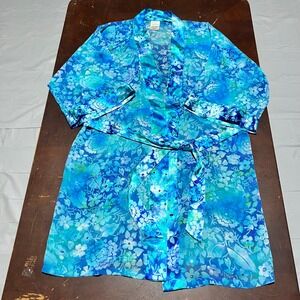 Sophia by Delicates Floral Robe Blue Turquoise Satin Kimono Wrap Small RN 93677